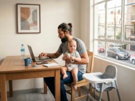 ¿Se puede ser un buen padre y un buen trabajador al mismo tiempo? Padre trabaja desde casa mientras sostiene a su hijo pequeño, ilustrando el desafío de equilibrar las responsabilidades laborales y la crianza.