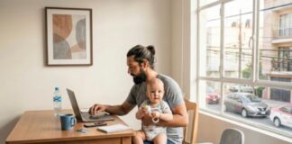 ¿Se puede ser un buen padre y un buen trabajador al mismo tiempo? Padre trabaja desde casa mientras sostiene a su hijo pequeño, ilustrando el desafío de equilibrar las responsabilidades laborales y la crianza.