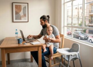 ¿Se puede ser un buen padre y un buen trabajador al mismo tiempo? Padre trabaja desde casa mientras sostiene a su hijo pequeño, ilustrando el desafío de equilibrar las responsabilidades laborales y la crianza.