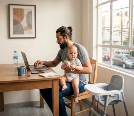 ¿Se puede ser un buen padre y un buen trabajador al mismo tiempo? Padre trabaja desde casa mientras sostiene a su hijo pequeño, ilustrando el desafío de equilibrar las responsabilidades laborales y la crianza.