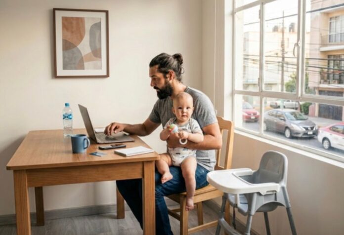 Padre trabaja desde casa mientras sostiene a su hijo pequeño, ilustrando el desafío de equilibrar las responsabilidades laborales y la crianza.