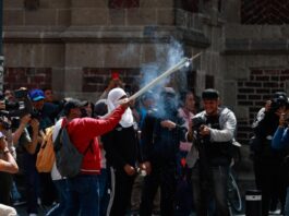 La CNTE inicia huelga nacional y reabre el debate sobre la educación de los niños Manifestantes participan en una protesta en el Zócalo de la Ciudad de México. Una persona sostiene un artefacto que emite humo mientras periodistas y fotógrafos documentan la movilización frente a un edificio histórico.