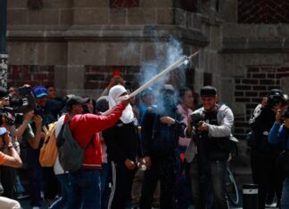 La CNTE inicia huelga nacional y reabre el debate sobre la educación de los niños Manifestantes participan en una protesta en el Zócalo de la Ciudad de México. Una persona sostiene un artefacto que emite humo mientras periodistas y fotógrafos documentan la movilización frente a un edificio histórico.