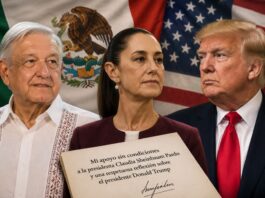 AMLO reaparece para respaldar a Sheinbaum y defender la soberanía de México Composición gráfica con Andrés Manuel López Obrador, Claudia Sheinbaum y Donald Trump frente a las banderas de México y Estados Unidos. En primer plano aparece una carta de apoyo a la presidenta mexicana, simbolizando el debate sobre soberanía, diplomacia y relación bilateral.
