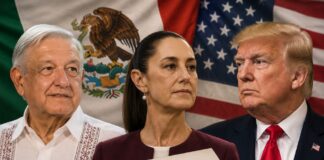 AMLO reaparece para respaldar a Sheinbaum y defender la soberanía de México Composición gráfica con Andrés Manuel López Obrador, Claudia Sheinbaum y Donald Trump frente a las banderas de México y Estados Unidos. En primer plano aparece una carta de apoyo a la presidenta mexicana, simbolizando el debate sobre soberanía, diplomacia y relación bilateral.