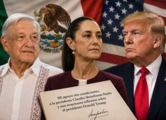 AMLO reaparece para respaldar a Sheinbaum y defender la soberanía de México Composición gráfica con Andrés Manuel López Obrador, Claudia Sheinbaum y Donald Trump frente a las banderas de México y Estados Unidos. En primer plano aparece una carta de apoyo a la presidenta mexicana, simbolizando el debate sobre soberanía, diplomacia y relación bilateral.