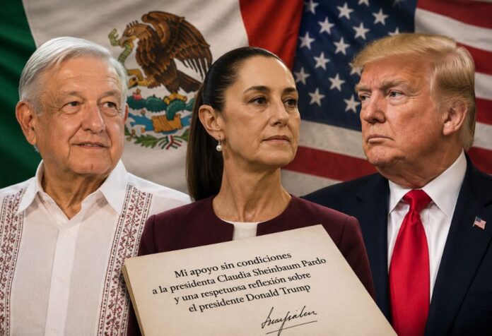 Composición gráfica con Andrés Manuel López Obrador, Claudia Sheinbaum y Donald Trump frente a las banderas de México y Estados Unidos. En primer plano aparece una carta de apoyo a la presidenta mexicana, simbolizando el debate sobre soberanía, diplomacia y relación bilateral.