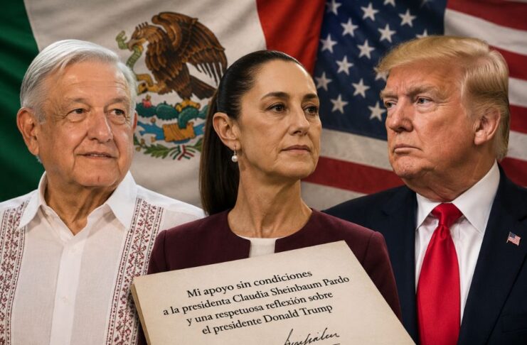 AMLO reaparece para respaldar a Sheinbaum y defender la soberanía de México Composición gráfica con Andrés Manuel López Obrador, Claudia Sheinbaum y Donald Trump frente a las banderas de México y Estados Unidos. En primer plano aparece una carta de apoyo a la presidenta mexicana, simbolizando el debate sobre soberanía, diplomacia y relación bilateral.