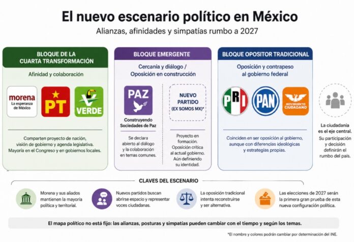 Infografía que agrupa a los partidos políticos mexicanos por bloques de afinidad y competencia rumbo a las elecciones de 2027, mostrando al bloque de la Cuarta Transformación, un bloque emergente y el bloque opositor tradicional.