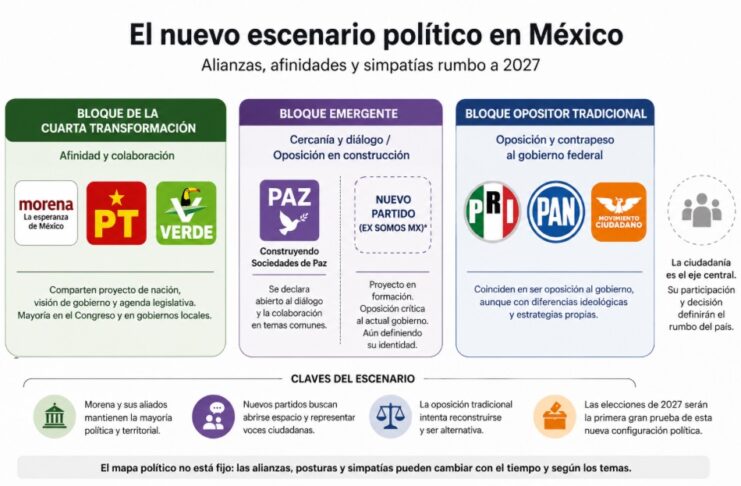 El mapa político de México comienza a reconfigurarse rumbo a 2027 Infografía que agrupa a los partidos políticos mexicanos por bloques de afinidad y competencia rumbo a las elecciones de 2027, mostrando al bloque de la Cuarta Transformación, un bloque emergente y el bloque opositor tradicional.