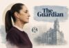 “Yo, Claudia”: el asombro de The Guardian ante una presidenta que no encaja en los moldes habituales Ilustración editorial con la silueta de Claudia Sheinbaum en primer plano, acompañada por elementos gráficos que evocan al periódico británico The Guardian y un entorno urbano de estilo londinense, en una composición sobria y elegante.