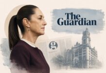 “Yo, Claudia”: el asombro de The Guardian ante una presidenta que no encaja en los moldes habituales Ilustración editorial con la silueta de Claudia Sheinbaum en primer plano, acompañada por elementos gráficos que evocan al periódico británico The Guardian y un entorno urbano de estilo londinense, en una composición sobria y elegante.