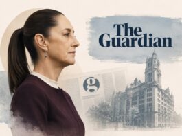 “Yo, Claudia”: el asombro de The Guardian ante una presidenta que no encaja en los moldes habituales Ilustración editorial con la silueta de Claudia Sheinbaum en primer plano, acompañada por elementos gráficos que evocan al periódico británico The Guardian y un entorno urbano de estilo londinense, en una composición sobria y elegante.