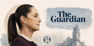 “Yo, Claudia”: el asombro de The Guardian ante una presidenta que no encaja en los moldes habituales Ilustración editorial con la silueta de Claudia Sheinbaum en primer plano, acompañada por elementos gráficos que evocan al periódico británico The Guardian y un entorno urbano de estilo londinense, en una composición sobria y elegante.