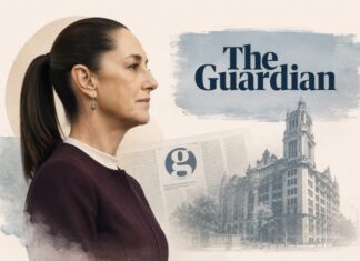 “Yo, Claudia”: el asombro de The Guardian ante una presidenta que no encaja en los moldes habituales Ilustración editorial con la silueta de Claudia Sheinbaum en primer plano, acompañada por elementos gráficos que evocan al periódico británico The Guardian y un entorno urbano de estilo londinense, en una composición sobria y elegante.