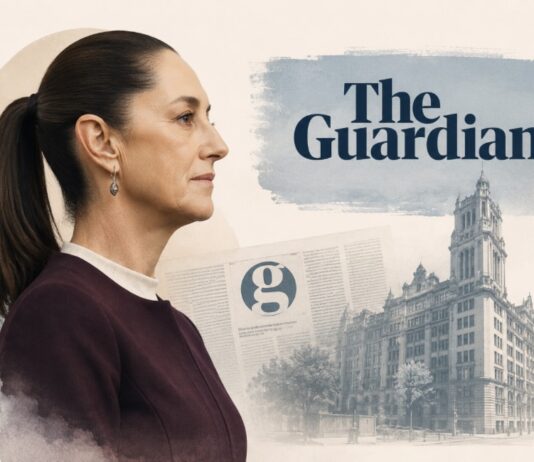 “Yo, Claudia”: el asombro de The Guardian ante una presidenta que no encaja en los moldes habituales Ilustración editorial con la silueta de Claudia Sheinbaum en primer plano, acompañada por elementos gráficos que evocan al periódico británico The Guardian y un entorno urbano de estilo londinense, en una composición sobria y elegante.