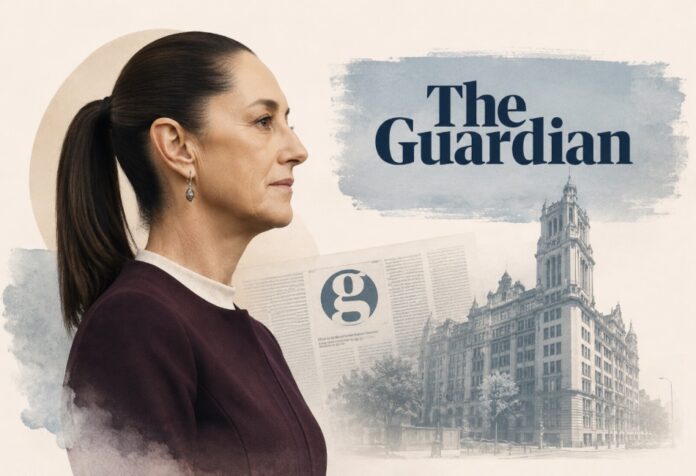 The Guardian y Sheinbaum Ilustración editorial con la silueta de Claudia Sheinbaum en primer plano, acompañada por elementos gráficos que evocan al periódico británico The Guardian y un entorno urbano de estilo londinense, en una composición sobria y elegante.