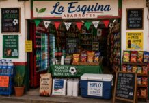 El Mundial también se juega en la tienda de la esquina: cómo aprovechar la temporada futbolera para vender más Tiendita mexicana decorada con motivos futboleros, exhibición de refrescos, botanas, hielo y productos para reuniones durante el Mundial 2026.