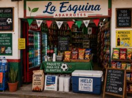 El Mundial también se juega en la tienda de la esquina: cómo aprovechar la temporada futbolera para vender más Tiendita mexicana decorada con motivos futboleros, exhibición de refrescos, botanas, hielo y productos para reuniones durante el Mundial 2026.