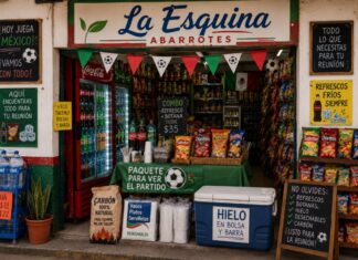 El Mundial también se juega en la tienda de la esquina: cómo aprovechar la temporada futbolera para vender más Tiendita mexicana decorada con motivos futboleros, exhibición de refrescos, botanas, hielo y productos para reuniones durante el Mundial 2026.