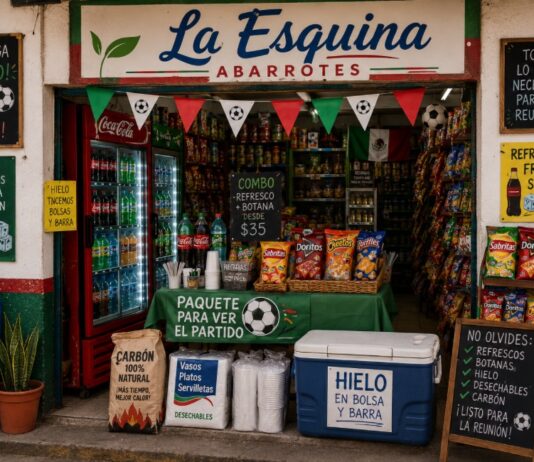 El Mundial también se juega en la tienda de la esquina: cómo aprovechar la temporada futbolera para vender más Tiendita mexicana decorada con motivos futboleros, exhibición de refrescos, botanas, hielo y productos para reuniones durante el Mundial 2026.