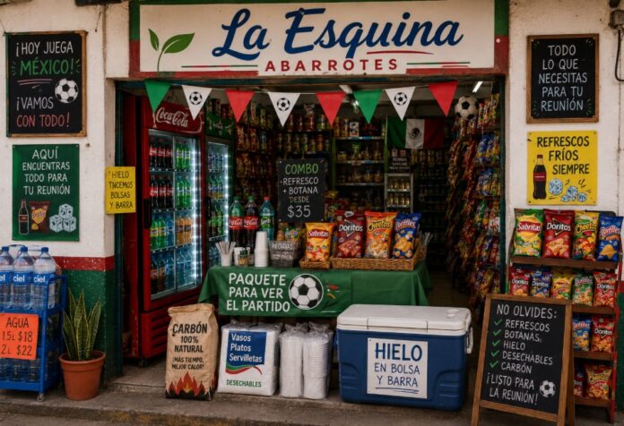 Tienditas y el mundial Tiendita mexicana decorada con motivos futboleros, exhibición de refrescos, botanas, hielo y productos para reuniones durante el Mundial 2026.