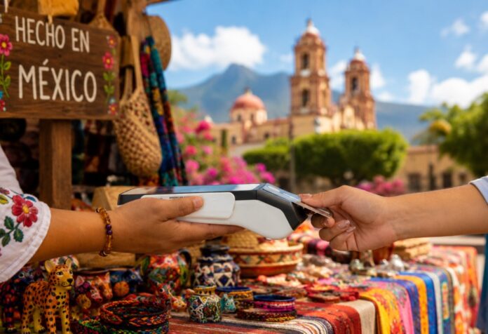 Persona realizando un pago electrónico mediante una terminal bancaria en un negocio turístico de México.