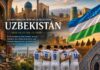 La historia detrás de la selección: Uzbekistán, el corazón de la antigua Ruta de la Seda Composición visual inspirada en Uzbekistán con la bandera nacional, arquitectura histórica de Samarcanda, mosaicos tradicionales, caravanas de la Ruta de la Seda y la selección nacional de futbol.