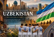 La historia detrás de la selección: Uzbekistán, el corazón de la antigua Ruta de la Seda Composición visual inspirada en Uzbekistán con la bandera nacional, arquitectura histórica de Samarcanda, mosaicos tradicionales, caravanas de la Ruta de la Seda y la selección nacional de futbol.