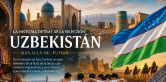 La historia detrás de la selección: Uzbekistán, el corazón de la antigua Ruta de la Seda Composición visual inspirada en Uzbekistán con la bandera nacional, arquitectura histórica de Samarcanda, mosaicos tradicionales, caravanas de la Ruta de la Seda y la selección nacional de futbol.