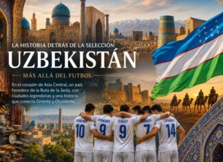 La historia detrás de la selección: Uzbekistán, el corazón de la antigua Ruta de la Seda Composición visual inspirada en Uzbekistán con la bandera nacional, arquitectura histórica de Samarcanda, mosaicos tradicionales, caravanas de la Ruta de la Seda y la selección nacional de futbol.