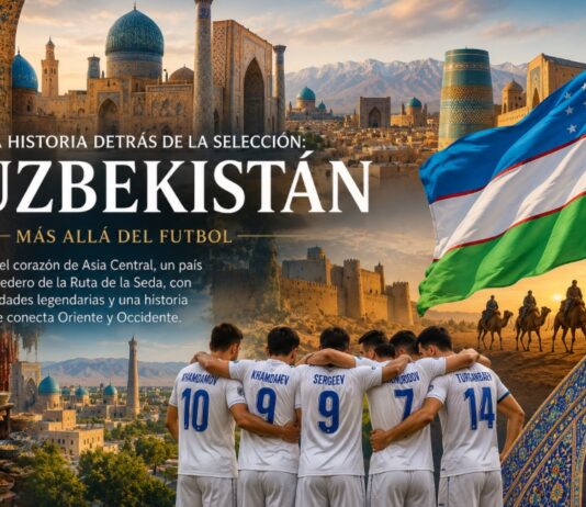 La historia detrás de la selección: Uzbekistán, el corazón de la antigua Ruta de la Seda Composición visual inspirada en Uzbekistán con la bandera nacional, arquitectura histórica de Samarcanda, mosaicos tradicionales, caravanas de la Ruta de la Seda y la selección nacional de futbol.