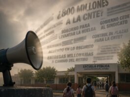 De las plazas a los 800 millones: las narrativas que buscan desgastar a la Cuarta Transformación Megáfono en primer plano proyectando titulares difusos relacionados con polémicas políticas, mientras al fondo se observa una escuela pública mexicana y varios niños entrando a clases. La escena representa el contraste entre el ruido mediático y la realidad educativa
