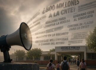 De las plazas a los 800 millones: las narrativas que buscan desgastar a la Cuarta Transformación Megáfono en primer plano proyectando titulares difusos relacionados con polémicas políticas, mientras al fondo se observa una escuela pública mexicana y varios niños entrando a clases. La escena representa el contraste entre el ruido mediático y la realidad educativa