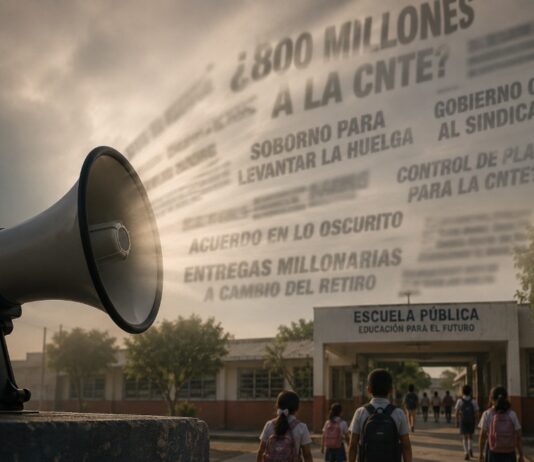 De las plazas a los 800 millones: las narrativas que buscan desgastar a la Cuarta Transformación Megáfono en primer plano proyectando titulares difusos relacionados con polémicas políticas, mientras al fondo se observa una escuela pública mexicana y varios niños entrando a clases. La escena representa el contraste entre el ruido mediático y la realidad educativa