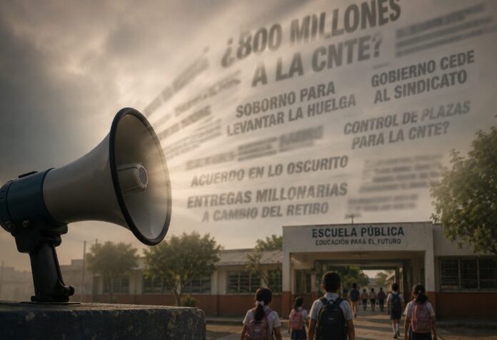 Versiones falsas Megáfono en primer plano proyectando titulares difusos relacionados con polémicas políticas, mientras al fondo se observa una escuela pública mexicana y varios niños entrando a clases. La escena representa el contraste entre el ruido mediático y la realidad educativa