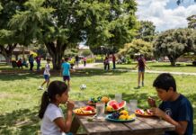 Cinco consejos para que los niños no descuiden su alimentación durante las vacaciones de verano Familia prepara un desayuno saludable con frutas y agua durante las vacaciones de verano.