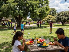 Cinco consejos para que los niños no descuiden su alimentación durante las vacaciones de verano Familia prepara un desayuno saludable con frutas y agua durante las vacaciones de verano.