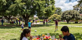 Cinco consejos para que los niños no descuiden su alimentación durante las vacaciones de verano Familia prepara un desayuno saludable con frutas y agua durante las vacaciones de verano.