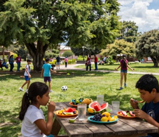 Cinco consejos para que los niños no descuiden su alimentación durante las vacaciones de verano Familia prepara un desayuno saludable con frutas y agua durante las vacaciones de verano.