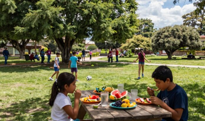 Alimentación de niños en verano Familia prepara un desayuno saludable con frutas y agua durante las vacaciones de verano.