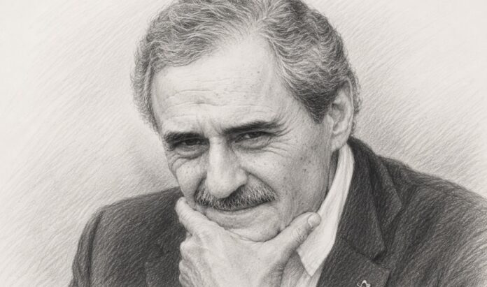 Retrato artístico a lápiz de Ángel Cappa con expresión reflexiva y la mano sobre el mentón.