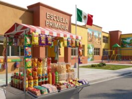 La escuela también educa cuando cuida la alimentación Puesto de venta de comida chatarra instalado frente a una escuela primaria mexicana, con frituras, dulces y bebidas ultraprocesadas.