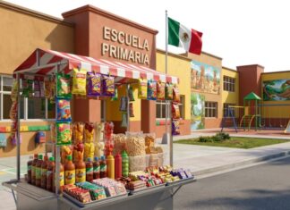 La escuela también educa cuando cuida la alimentación Puesto de venta de comida chatarra instalado frente a una escuela primaria mexicana, con frituras, dulces y bebidas ultraprocesadas.