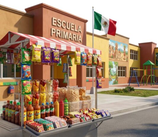 La escuela también educa cuando cuida la alimentación Puesto de venta de comida chatarra instalado frente a una escuela primaria mexicana, con frituras, dulces y bebidas ultraprocesadas.
