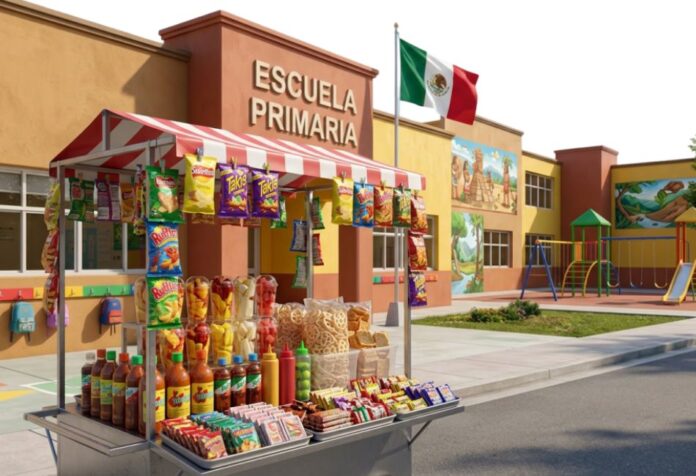 Comida chatarra en las escuelas Puesto de venta de comida chatarra instalado frente a una escuela primaria mexicana, con frituras, dulces y bebidas ultraprocesadas.