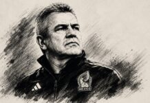 Javier Aguirre: una despedida en paz, pero también con tareas pendientes Ilustración artística en blanco y negro de Javier Aguirre, con estilo de trazos a lápiz y alto contraste, inspirada en los retratos icónicos de figuras históricas, como homenaje a su trayectoria con la Selección Mexicana.