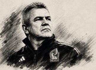 Javier Aguirre: una despedida en paz, pero también con tareas pendientes Ilustración artística en blanco y negro de Javier Aguirre, con estilo de trazos a lápiz y alto contraste, inspirada en los retratos icónicos de figuras históricas, como homenaje a su trayectoria con la Selección Mexicana.