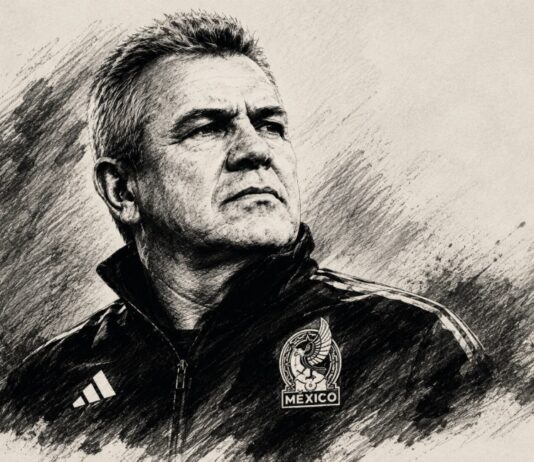 Javier Aguirre: una despedida en paz, pero también con tareas pendientes Ilustración artística en blanco y negro de Javier Aguirre, con estilo de trazos a lápiz y alto contraste, inspirada en los retratos icónicos de figuras históricas, como homenaje a su trayectoria con la Selección Mexicana.