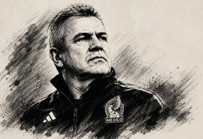 El adiós de Javier Aguirre Ilustración artística en blanco y negro de Javier Aguirre, con estilo de trazos a lápiz y alto contraste, inspirada en los retratos icónicos de figuras históricas, como homenaje a su trayectoria con la Selección Mexicana.